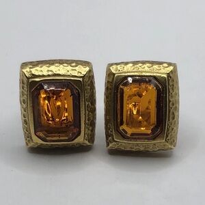 Vintage Amber Glass Clip Earrings Rectangle Antique Gold Tone 1” Doncaster